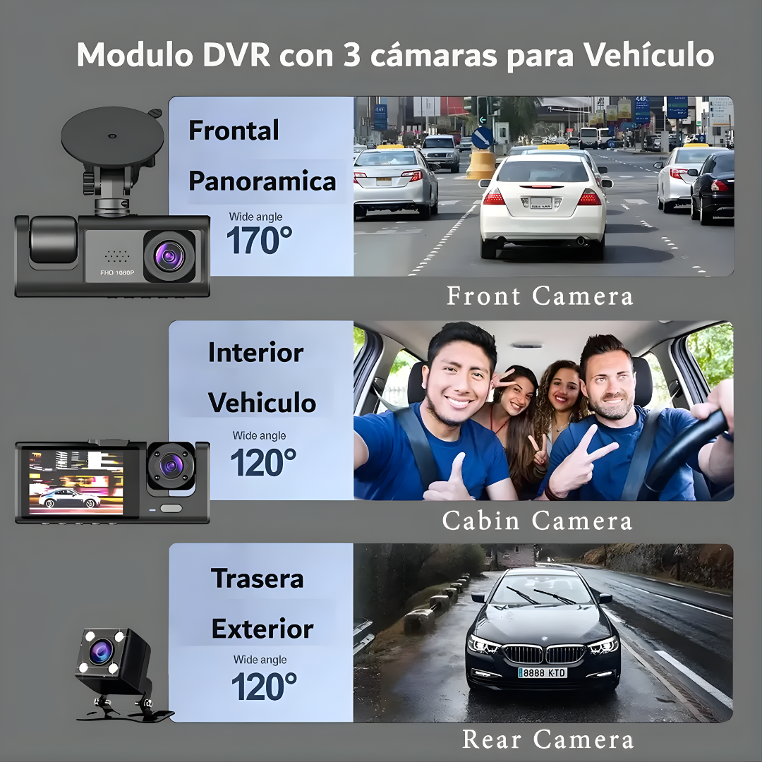 CÁMARA DASH TRIPLE – Seguridad total, grabación simultánea y control completo en cada viaje