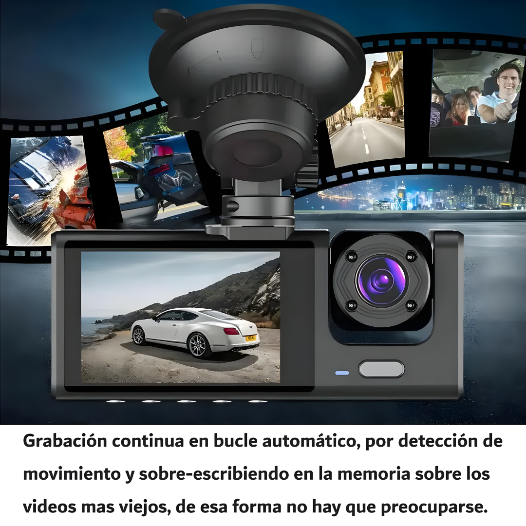 CÁMARA DASH TRIPLE – Seguridad total, grabación simultánea y control completo en cada viaje