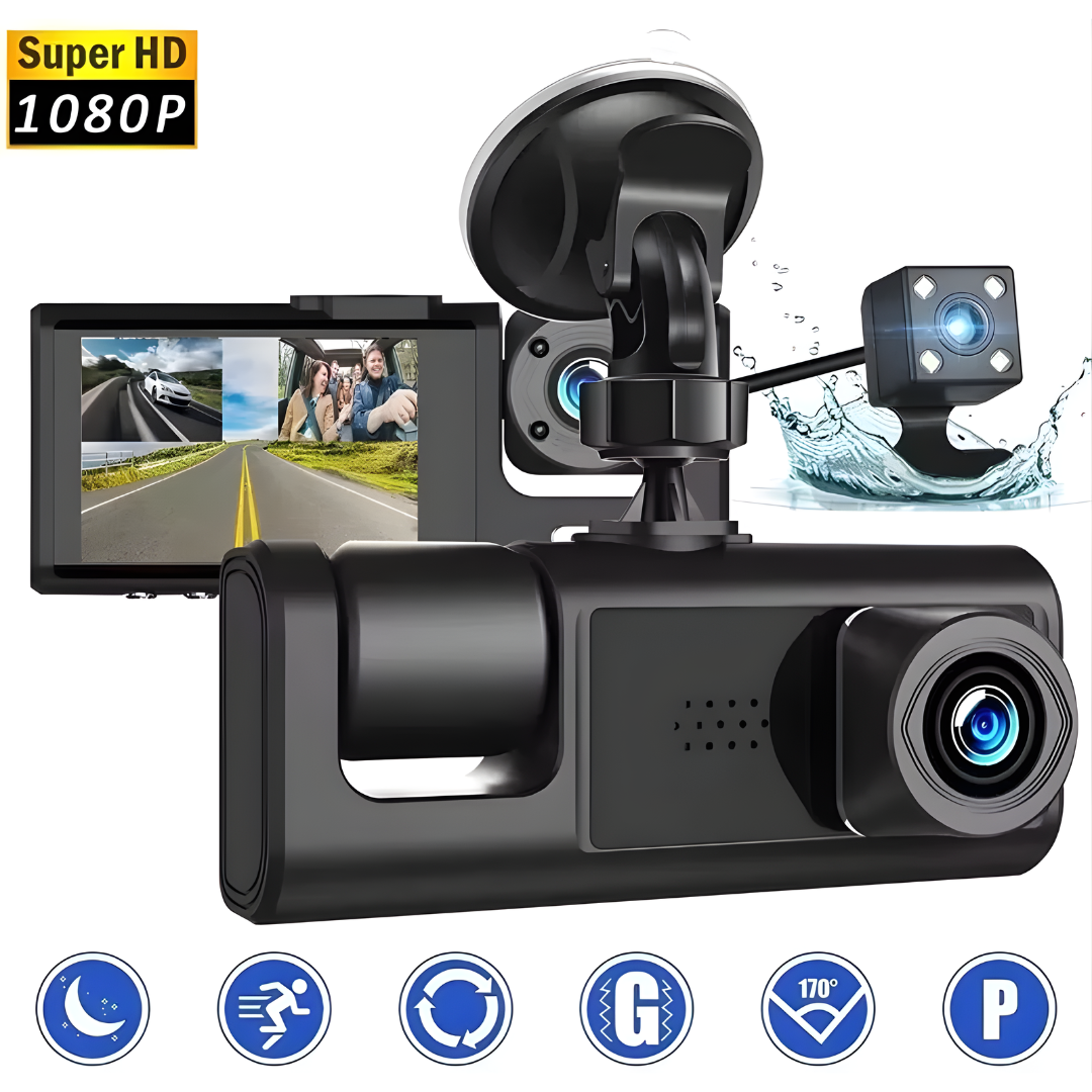 CÁMARA DASH TRIPLE – Seguridad total, grabación simultánea y control completo en cada viaje
