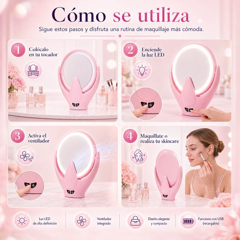 Espejo con luz LED y ventilador integrado