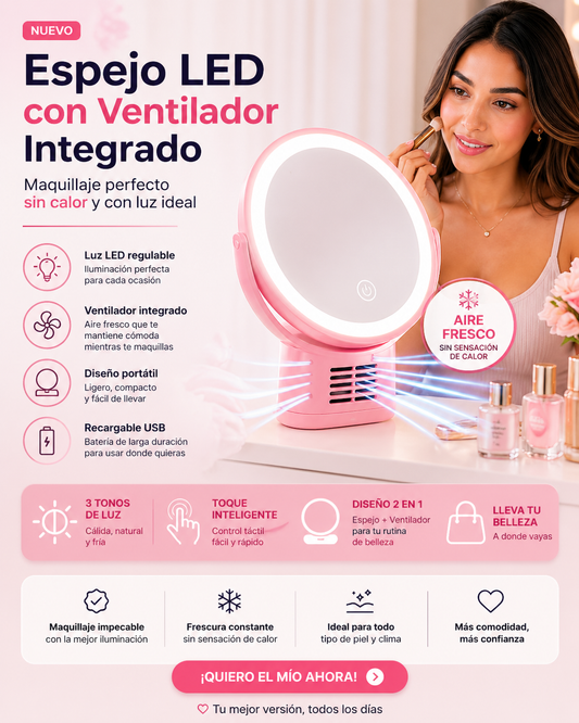 Espejo con luz LED y ventilador integrado