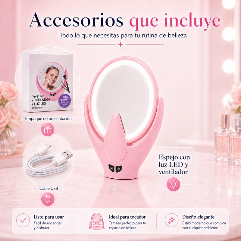 Espejo con luz LED y ventilador integrado