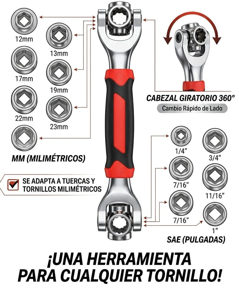 Llave multifunción universal con cabezal 360°
